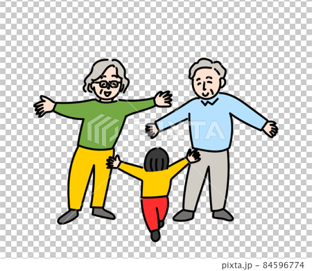 帰省　おじいちゃんおばあちゃん　祖父母　孫　子供　後ろ姿　お迎え　イラスト　 84596774