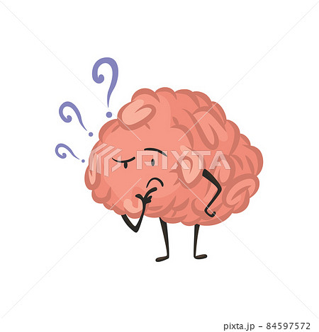 Brain character emotion. Intelligence emoji thinking illustration. Cute hero brain emoji isolated on white background. Funny cartoon emoticon 84597572
