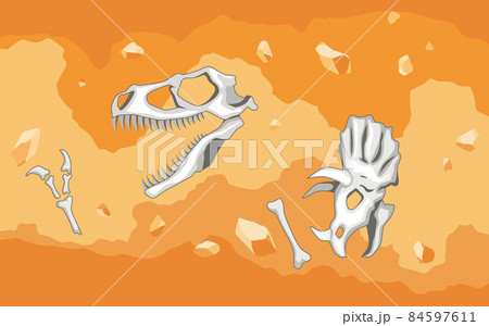 Era of Earth history. Fossil dinosaurs, elements for paleontology and archeology works. Scene with various animals bones in soil layer. Vector old dino skeletons buried underground Era of Earth history. Fossil dinosaurs, elements for paleontology and archeology works. Scene with various animals bones in soil layer. Vector old dino skeletons buried underground 84597611