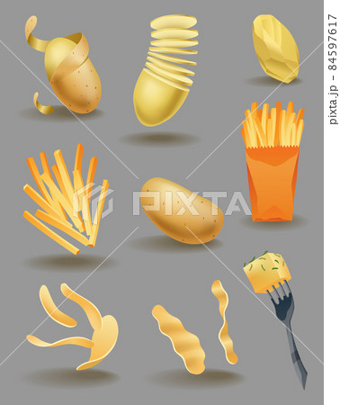 Potato snacks collection. Food products, cook dishes, farm vegetables. Icons for fast food menu. Raw potato, whole root crops and sliced pieces. Vegetable vector design Potato snacks collection. Food products, cook dishes, farm vegetables. Icons for fast food menu. Raw potato, whole root crops and sliced pieces. Vegetable vector design 84597617