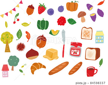 秋のイラスト(栗、南瓜、さつまいも、苺、きのこ、どんぐり、ブルーベリー、ラズベリー、ジャム、食パン、 秋のイラスト(栗、南瓜、さつまいも、苺、きのこ、どんぐり、ブルーベリー、ラズベリー、ジャム、食パン、 84598337