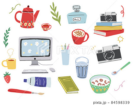 日用雑貨のイラスト(香水、パソコン、本、カメラ、朝食、シリアル