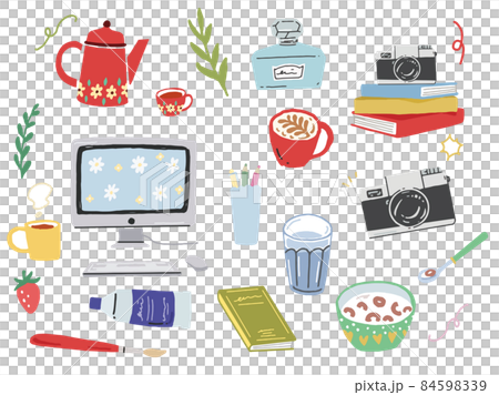 Illustrations of daily miscellaneous goods (perfume, personal computer, book, camera, breakfast, cereal, pot, coffee, paint, handwriting) 84598339