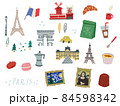 フランス、パリのイラスト(エッフェル塔、凱旋門、ファッション、美術館、可愛い、オシャレ、手書き) 84598342
