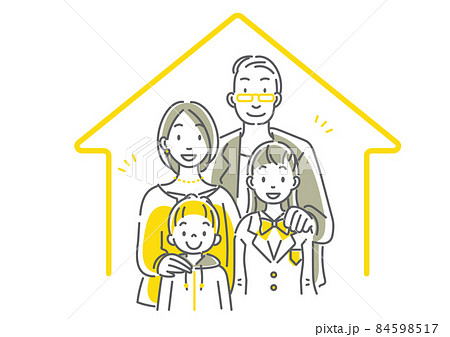 幸せな4人家族のイメージイラスト シンプルでお洒落な線画イラストのイラスト素材