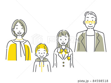 ミドル夫婦とふたりの子供の家族イラストセット シンプルでお洒落な線画イラストのイラスト素材