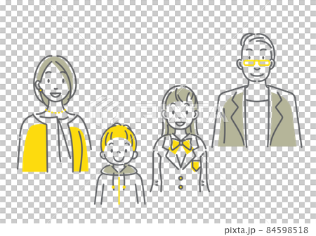 ミドル夫婦とふたりの子供の家族イラストセット　シンプルでお洒落な線画イラスト 84598518