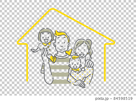 幸せな4人家族のイメージイラスト シンプルでお洒落な線画イラストのイラスト素材