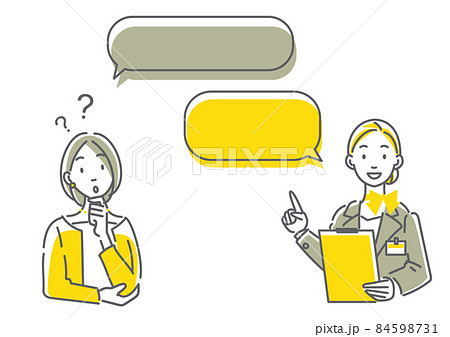 質問する女性と説明するコンシェルジュセット シンプルでお洒落な線画イラストのイラスト素材
