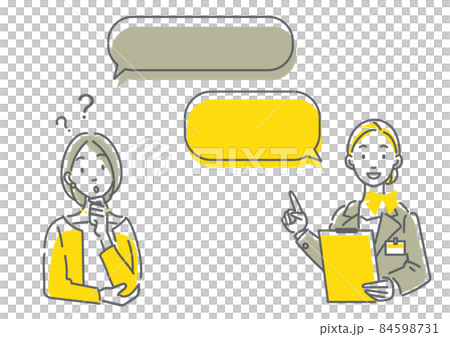 質問する女性と説明するコンシェルジュセット　シンプルでお洒落な線画イラスト 84598731
