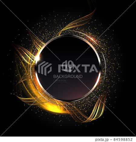 Black illustration with a round frame with shiny edging and mosaics, golden wave patterns, small tinsel 84598852