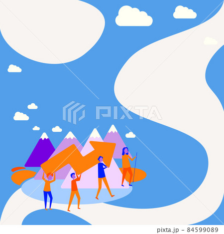 Four Colleagues Illustration Climbing Mountain Holding Large Arrow For Success. Teammates Carrying Pointer Up The Hill Towards Their Target. 84599089