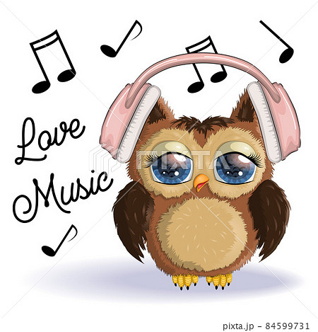 Cute cartoon Owl Girl with headphones and notes, love music 84599731