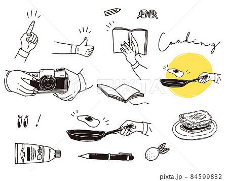 白黒 モノトーン 線画のイラスト 手書き オシャレ 朝食 ファッション グッド 本を読む カメラ のイラスト素材