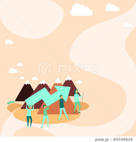 Four Colleagues Illustration Climbing Mountain Holding Large Arrow For Success. Teammates Carrying Pointer Up The Hill Towards Their Target. Four Colleagues Illustration Climbing Mountain Holding Large Arrow For Success. Teammates Carrying Pointer Up The Hill Towards Their Target. 84599839