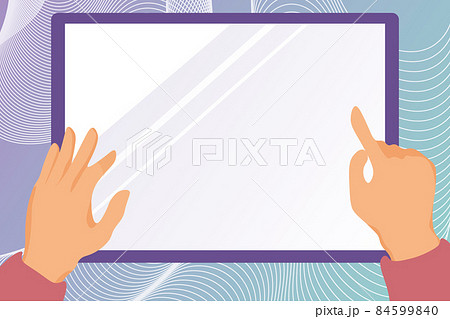Hands Illustration Drawing On Tablet Screen. Holding Screen Showing Informations. Palms Carring Monitor Tapping New Text. 84599840