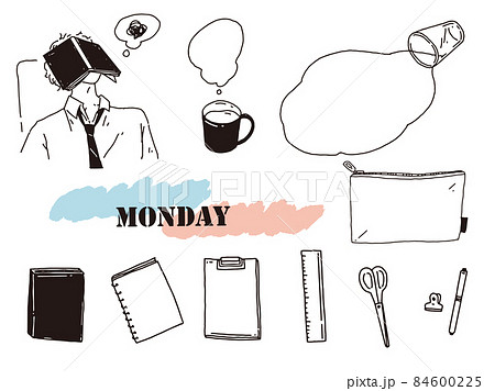 白黒 モノトーン 線画のイラスト 手書き 寝る 勉強 ファッション コップ 文房具 のイラスト素材