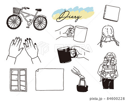 白黒 モノトーン 線画のイラスト 手書き オシャレ 雑誌 カフェ ファッション インテリア 自転車 のイラスト素材