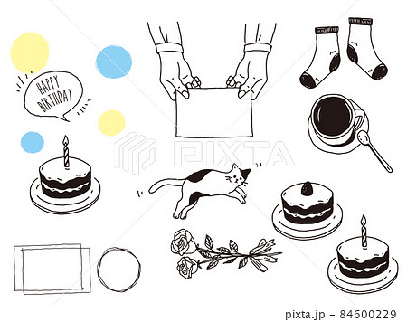 白黒 モノトーン 線画のイラスト 手書き コーヒー 手 ファッション 猫 ケーキ のイラスト素材