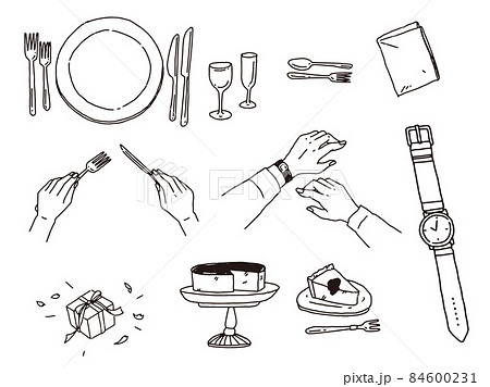 白黒、モノトーン、線画のイラスト(マナー、食器、皿、ケーキ) 白黒、モノトーン、線画のイラスト(マナー、食器、皿、ケーキ) 84600231