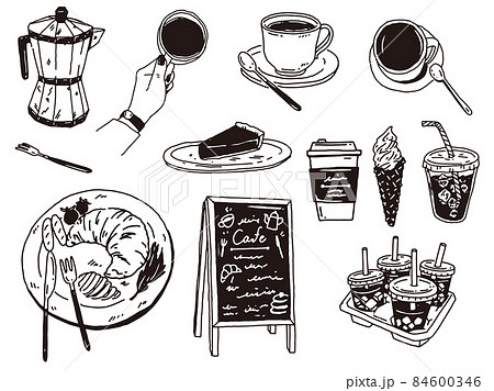 白黒 モノトーン 線画のイラスト 手書き ミルク カフェ ランチ コーヒー デザート のイラスト素材