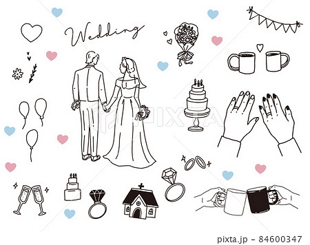 白黒、モノトーン、線画のイラスト(結婚式、カップル、夫婦、招待状、ウェルカムボード、指輪、新生活) 84600347