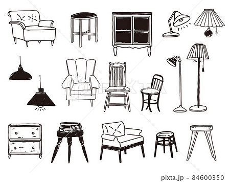 白黒 モノトーン 線画のイラスト 手書き ファッション インテリア シンプル のイラスト素材