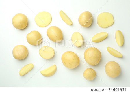 Tasty young potato on white background, top view 84601951