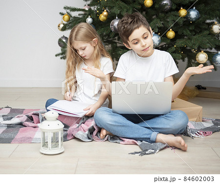 Children play near the Christmas tree. 84602003