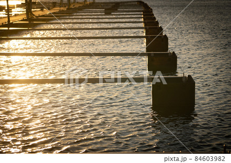 Many empty floating piers for powerboat and sailboat on the sunset. Many empty floating piers for powerboat and sailboat on the sunset. 84603982