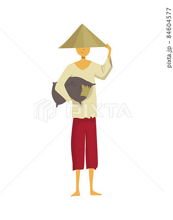 Asian farmer in straw conical hat. Asia rural culture. Chinese farmer carrying yields harvest in his hands. Vector cartoon illustration Asian farmer in straw conical hat. Asia rural culture. Chinese farmer carrying yields harvest in his hands. Vector cartoon illustration 84604577