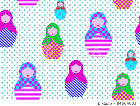 Seamless print paper Russian nesting dolls matrioshka, set icon colorful symbol traditional of Russia, vector isolated on polka dot white background Seamless print paper Russian nesting dolls matrioshka, set icon colorful symbol traditional of Russia, vector isolated on polka dot white background 84604603