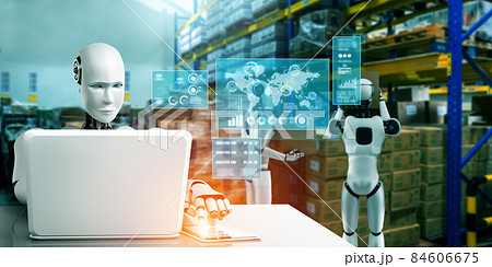 Innovative industry robot working in warehouse for human labor replacement 84606675