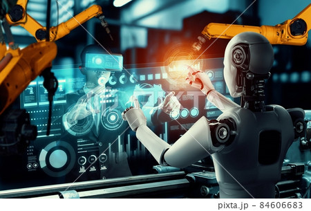 Mechanized industry robot and human worker working together in future factory Mechanized industry robot and human worker working together in future factory 84606683