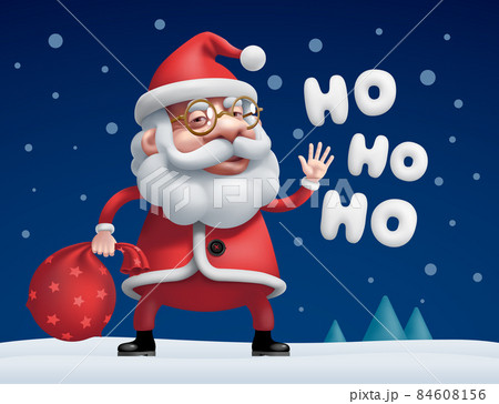 Vector cartoon Santa Claus standing with bag of gifts and Ho-Ho-Ho lettering isolated on dark background Vector cartoon Santa Claus standing with bag of gifts and Ho-Ho-Ho lettering isolated on dark background 84608156