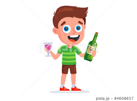 child with a bottle of wine and a glass of wine. drunk teenager. 84608657
