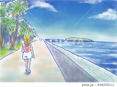 南国の海辺を歩く女性 84609311