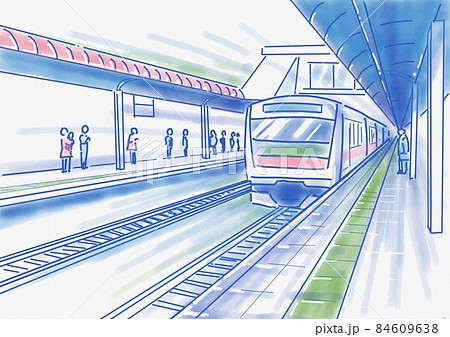 電車と駅の風景のイラストのイラスト素材