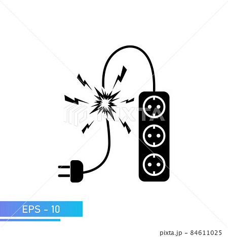 An extension cord for an outlet with a damaged cable, with sparks. Dangerous to health, short circuit. The illustration is in solid black. Vector illustration. 84611025