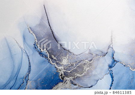 Blue silver abstract background of marble liquid ink art painting on paper . 84611385