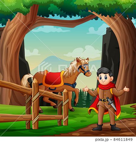 Cartoon a prince with his horse in the nature Cartoon a prince with his horse in the nature 84611849