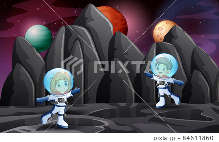 Cartoon two astronaut kids explore the space 84611860
