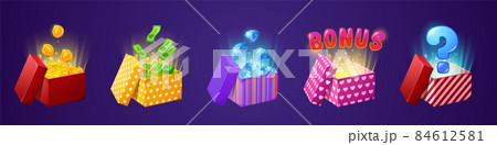 Gift box with bonus, money coins, bills, diamonds 84612581