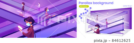 Parallax 2d background people in mask on escalator 84612625
