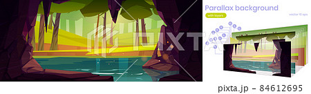 Parallax background with cave, lake and forest Parallax background with cave, lake and forest 84612695