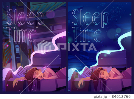 Sleep time posters with woman naps and sees dreams Sleep time posters with woman naps and sees dreams 84612766