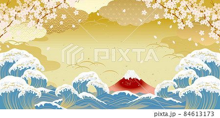 美しい富士山と大波の風景イラスト 美しい富士山と大波の風景イラスト 84613173