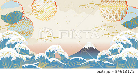 美しい富士山と大波の風景イラストのイラスト素材