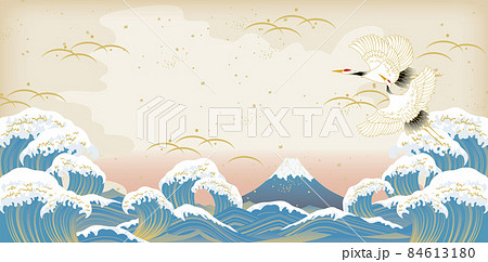 美しい富士山と大波の風景イラスト 84613180