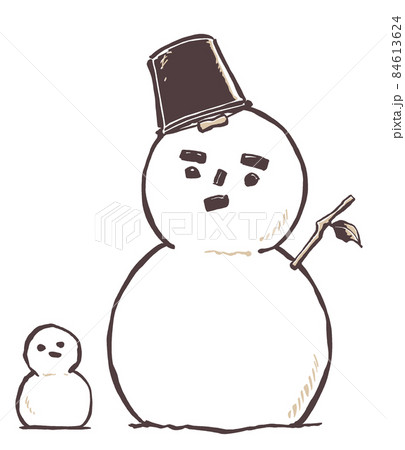 ブリキバケツの帽子の雪だるまと少し不格好な小さい雪だるま　筆描き・2色塗り 84613624